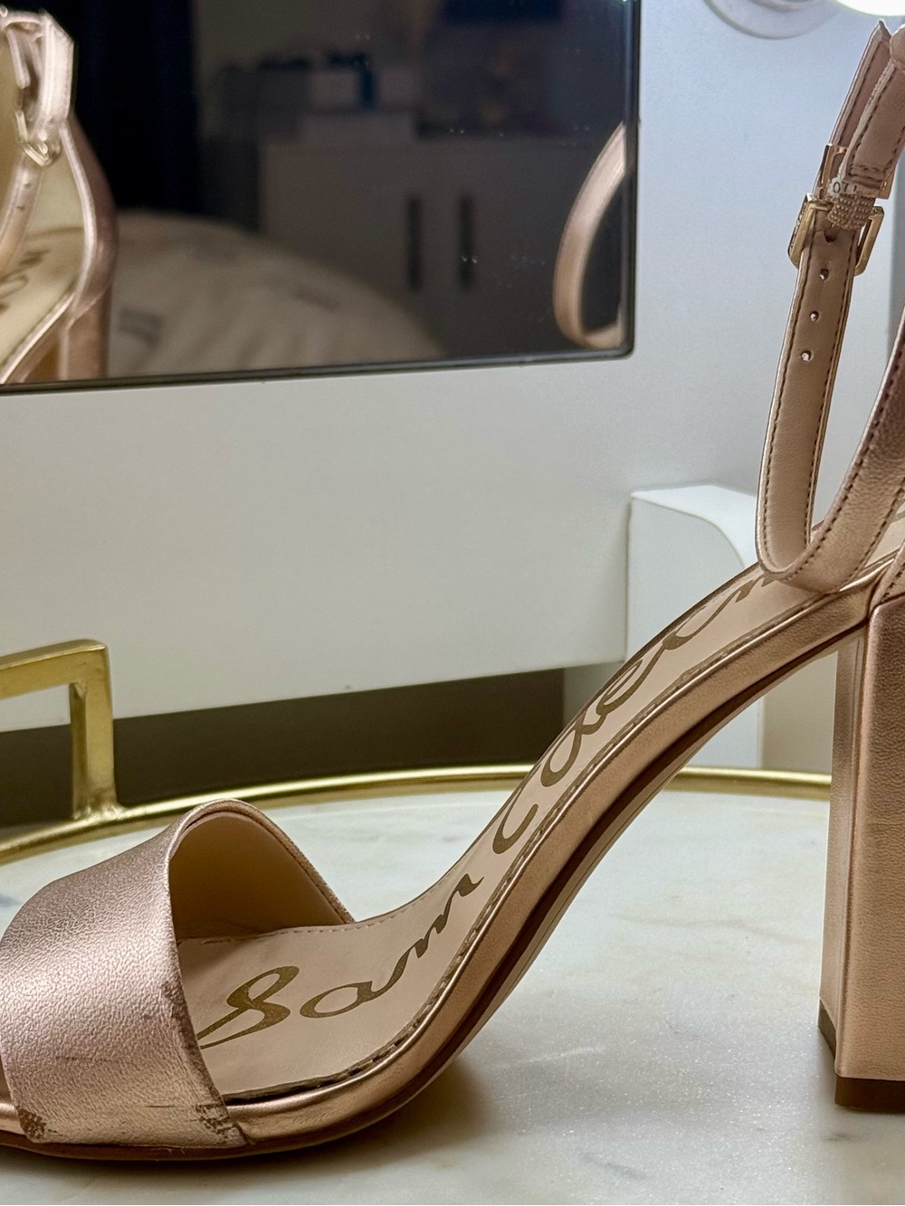 Sam Edelman Women's Yaro Rose Gold Leather Ankle-Strap Block Heel Sandals - Picture 6 of 16